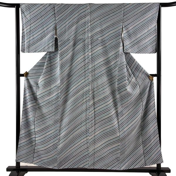 美品 小紋 身丈156cm 裄丈63.5cm S 袷 斜縞 青灰色 正絹 秀品 中古