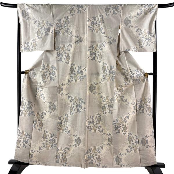 紬 身丈161.5cm 裄丈67.5cm L 袷 枝花 器物 クリーム 正絹 秀品 中古