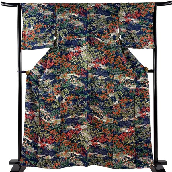 美品 小紋 身丈163.5cm 裄丈64cm M 袷 草花 舟 紺色 正絹 優品 中古