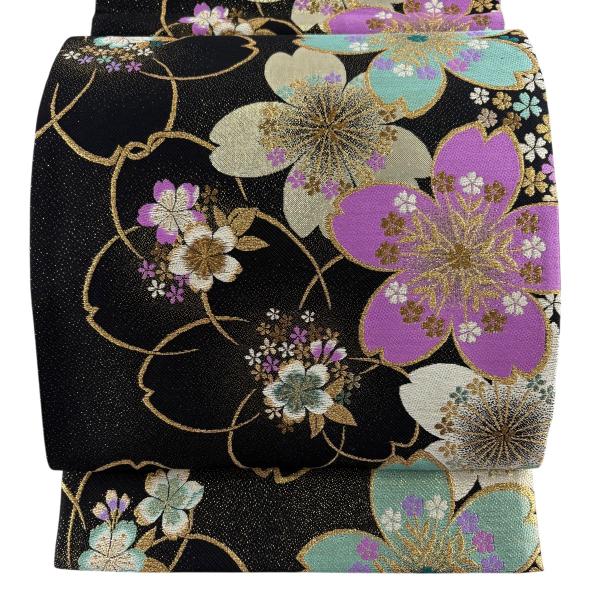 美品 袋帯 秀品 振袖向き 桜 金糸 箔 黒 六通 正絹 中古 : リユース