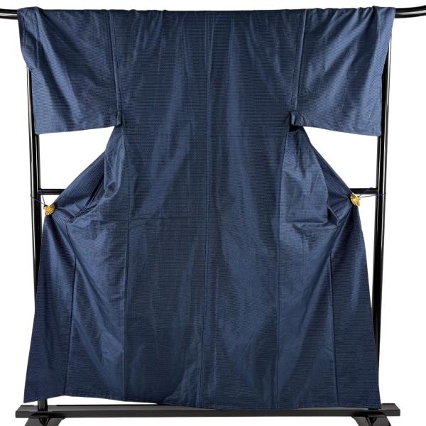 美品 男着物 身丈157cm 裄丈70.5cm L 袷 アンサンブル 紬 亀甲絣 紺色