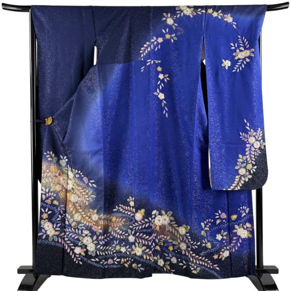 振袖 身丈161.5cm 裄丈68cm L 袷 徳永憲峯 落款あり 辻が花 金通し 金彩 紺色 正絹 逸品 中古