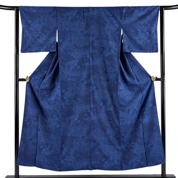 付下げ 身丈150cm 裄丈62.5cm S 袷 紬地 菊 波頭 藍色 正絹 優品 中古