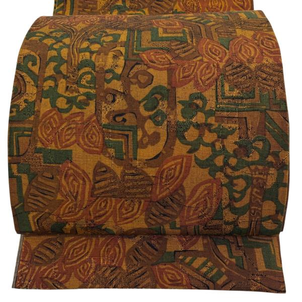 袋名古屋帯 優品 紬地 樹木 唐草 茶色 正絹 中古
