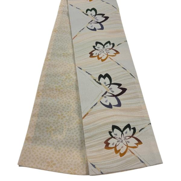 美品 半幅帯 優品 桜 幾何学 ベージュ 化繊 中古