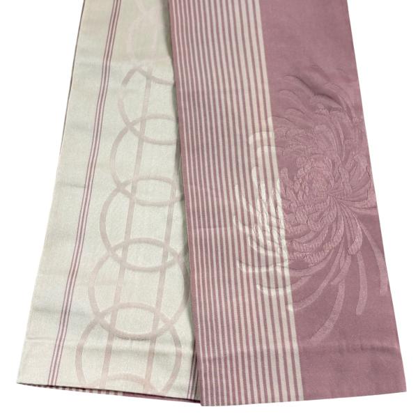 美品 半幅帯 優品 菊 縞 ピンクベージュ 化繊 中古