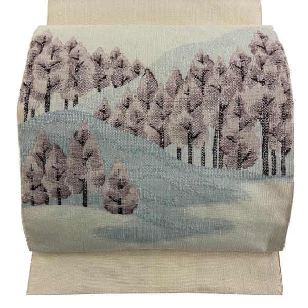 名古屋帯 優品 八寸名古屋帯 樹木 遠山 クリーム 正絹 中古