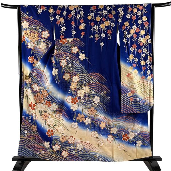 振袖 身丈157cm 裄丈63.5cm S 袷 松本幸四郎 落款あり 枝垂れ桜 波 金彩 ぼかし 青 正絹 秀品 中古