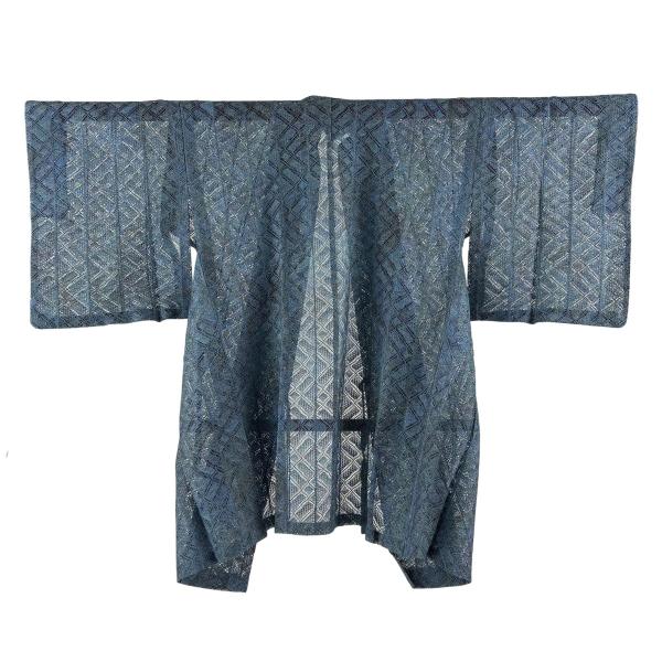 美品 道中着 身丈90cm 裄丈61cm S 和装コート 証紙あり 幾何学模様 奄美大島本泥染 青灰色 正絹 名品 中古