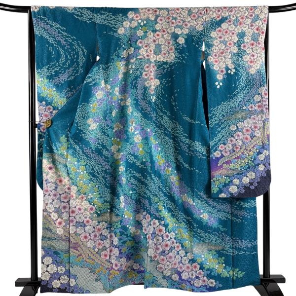 振袖 身丈161.5cm 裄丈65.5cm M 袷 辻が花 雪輪 銀通し 金彩 青緑 正絹 逸品 中古