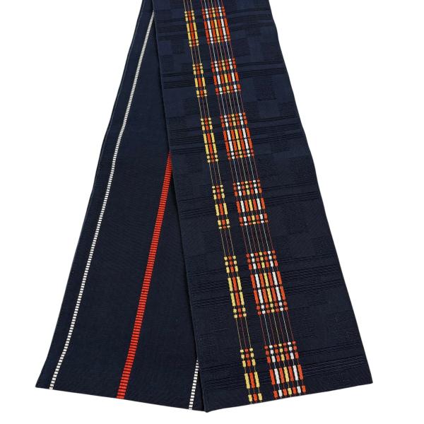 美品 半幅帯 優品 縞 幾何学 濃紺 正絹 中古