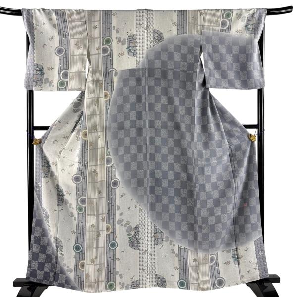 付下げ 身丈161.5cm 裄丈69cm L 袷 落款あり 庭園 番傘 ぼかし クリーム 正絹 名品 中古
