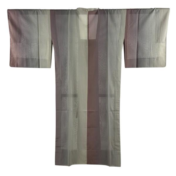 美品 道行 身丈121.5cm 裄丈63cm S 縦絽 和装コート 角衿 縞 ぼかし 灰緑 正絹 名品 中古