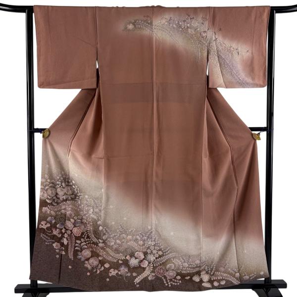 美品 訪問着 身丈159.5cm 裄丈62cm S 袷 辻が花柄 ぼかし 薄小豆 正絹