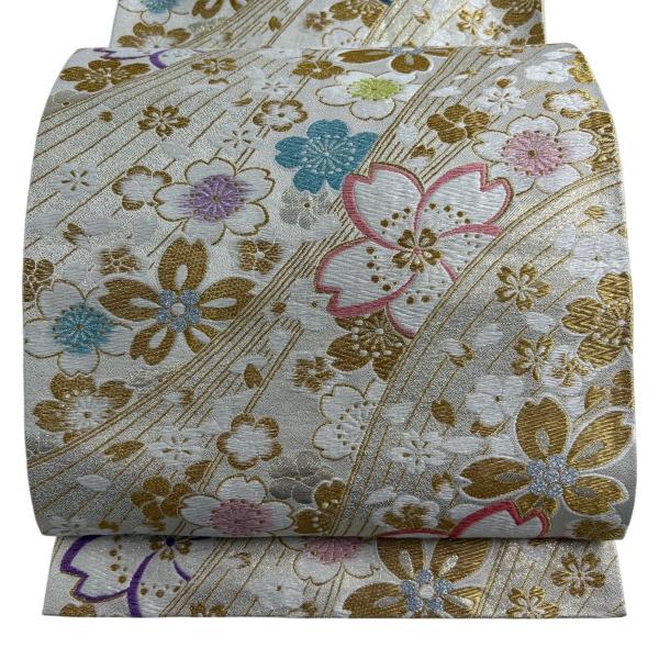 袋帯 秀品 振袖向き 桜 流水 唐織 金糸 クリーム 六通 正絹 中古