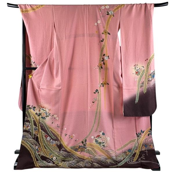 振袖 身丈173cm 裄丈71cm L 袷 草花 辻が花柄 金糸 金銀彩 ピンク 正絹