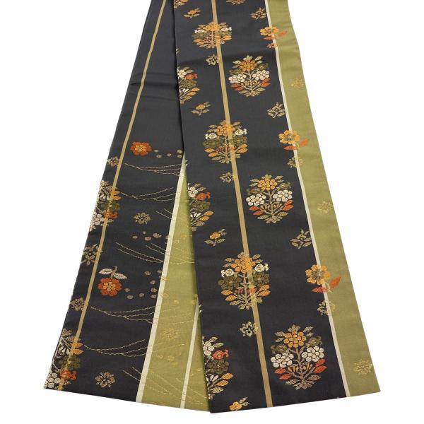 美品 半幅帯 秀品 草花 箔 墨色 正絹 中古