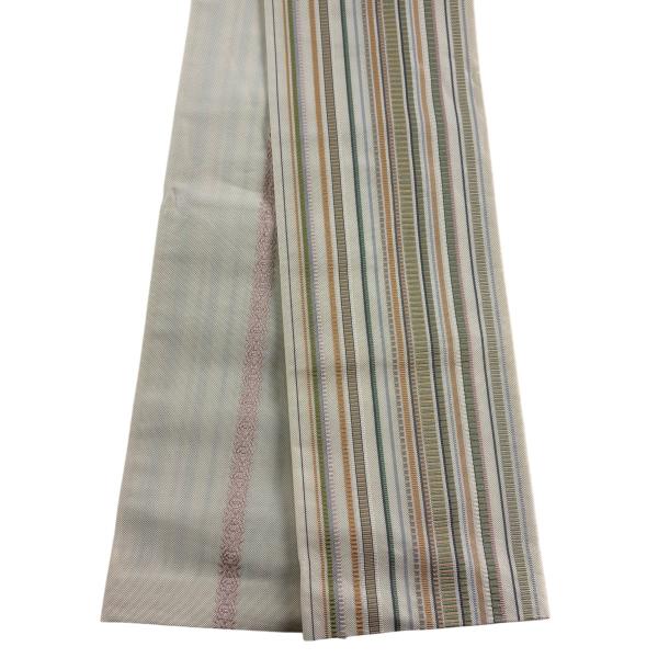 美品 半幅帯 名品 縞 ベージュ 正絹 中古