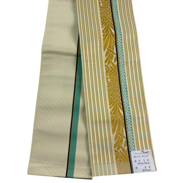 美品 半幅帯 名品 証紙あり 本場博多織 花 縞 薄黄 正絹 中古