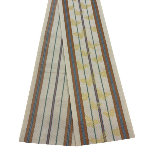 美品 半幅帯 名品 博多織 証紙 蝶 縞 クリーム 正絹 中古