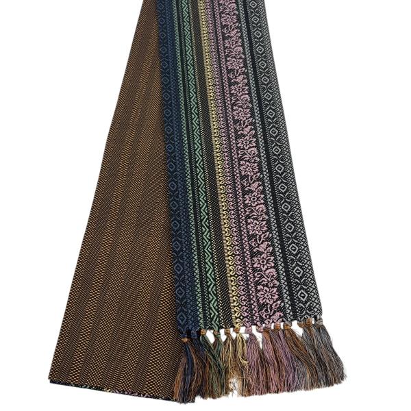 美品 半幅帯 名品 草花 縞 灰紫 正絹 中古