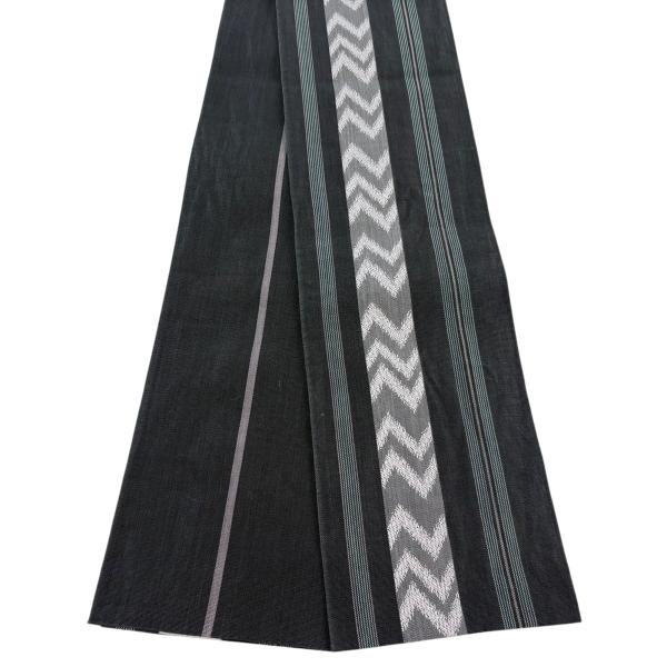 半幅帯 秀品 夏帯 縞 幾何学 黒灰 正絹 中古