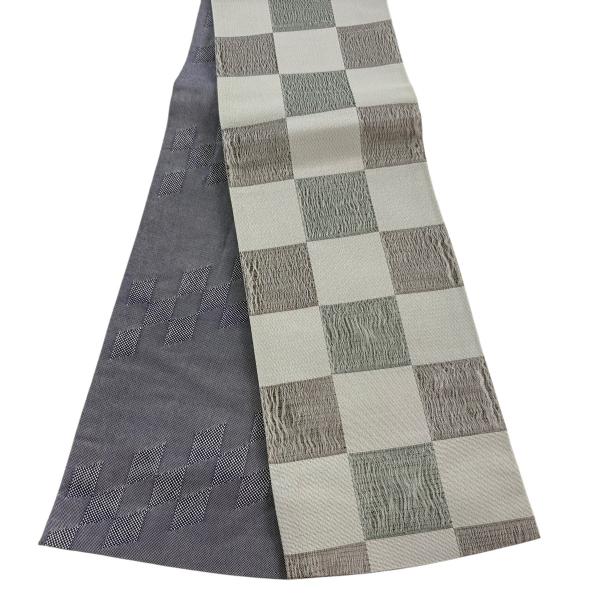 美品 半幅帯 秀品 市松 灰白 正絹 中古