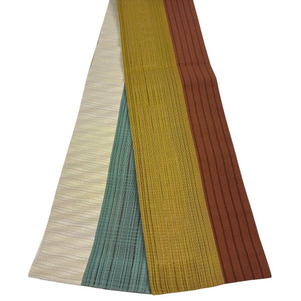 美品 半幅帯 秀品 縞 山吹茶色 正絹 中古