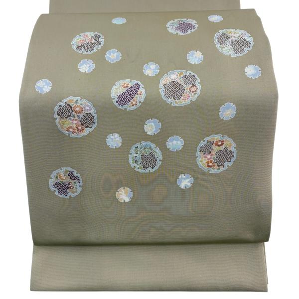 開き名古屋帯 優品 雪輪 草花 ベージュ 正絹 中古