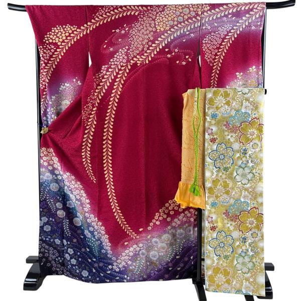 美品 振袖 身丈171cm 裄丈68.5cm L 袷 袋帯フルセット 辻が花 金彩 銀
