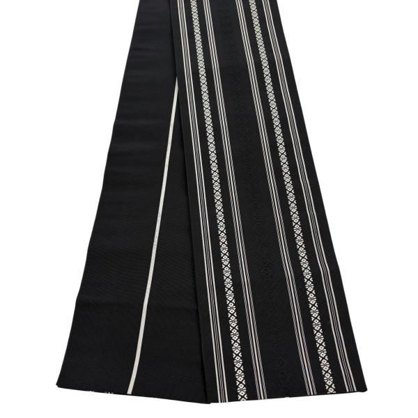美品 半幅帯 秀品 博多織 証紙 縞 独鈷 黒 正絹 中古