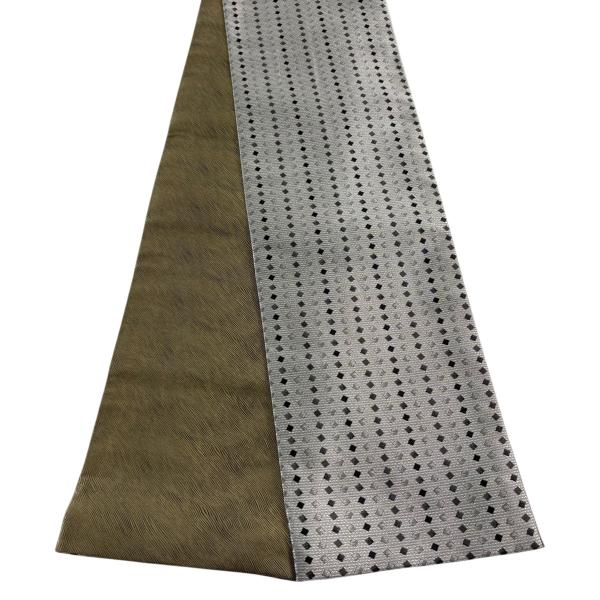 美品 半幅帯 名品 四角 縞 灰色 正絹 中古