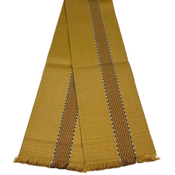 美品 半幅帯 名品 縞 幾何学模様 黄土色 正絹 中古