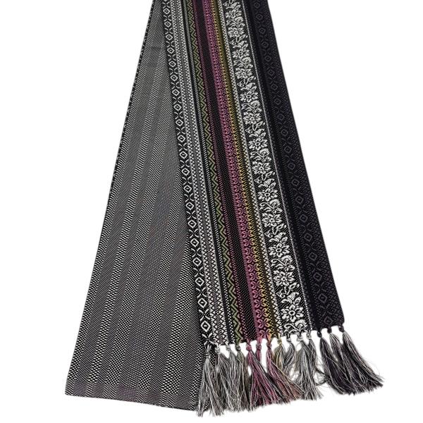 美品 半幅帯 名品 草花 縞 黒灰 正絹 中古