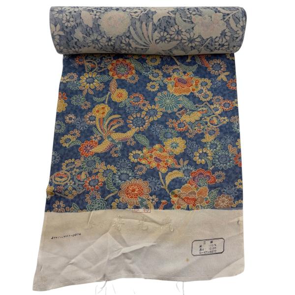 反物 秀品 小紋 寿光織 草花 鳥 青灰色 正絹 中古