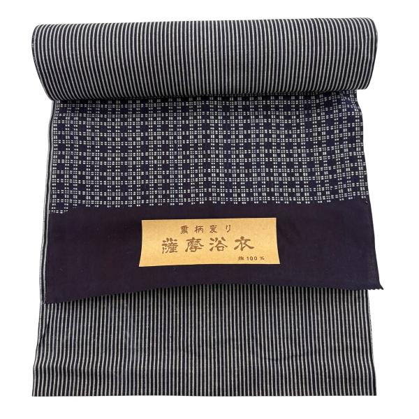 反物 優品 浴衣 薩摩浴衣 裏柄変り 格子 縞 濃紺 綿 中古