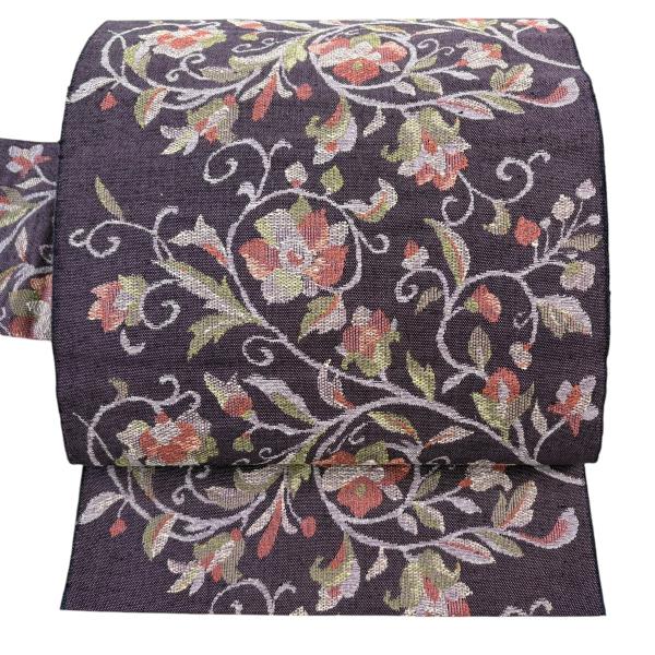 美品 名古屋帯 優品 紬地 八寸名古屋帯 花唐草 紫 正絹 中古