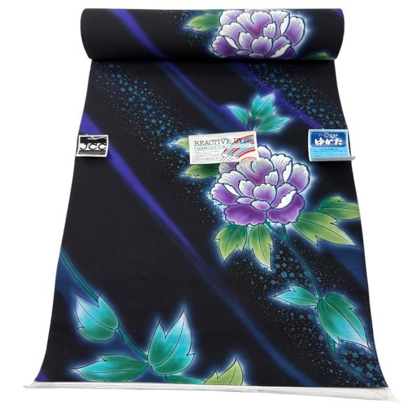 反物 優品 浴衣 山本寛斎 草花 斜縞 箔 黒 綿 中古