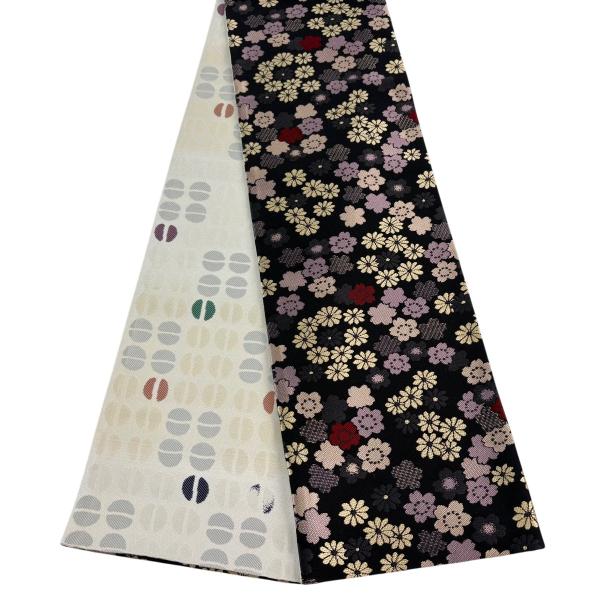 美品 半幅帯 名品 やまと 菊 桜 墨色 正絹 中古