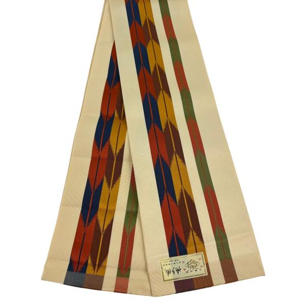 美品 半幅帯 秀品 博多織 証紙 矢羽根 薄黄 正絹 中古