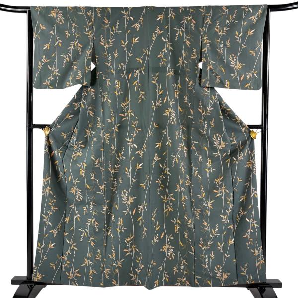 小紋 身丈160cm 裄丈64.5cm M 袷 枝花 深緑 化繊 優品 中古