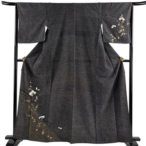 付下げ 身丈161.5cm 裄丈65cm M 袷 枝花 萩 金彩 黒 化繊 優品 中古