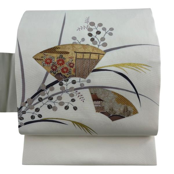 名古屋帯 優品 塩瀬 扇面 秋草文 金銀彩 クリーム 正絹 中古