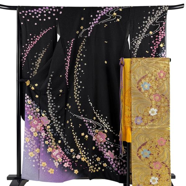 美品 振袖 身丈161.5cm 裄丈66cm M 袷 袋帯フルセット 鈴乃屋 桜 花びら 絞り 金通し 黒 正絹 名品 中古