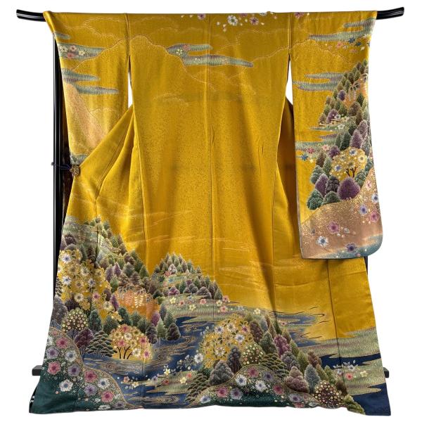 美品 振袖 身丈174cm 裄丈72cm L 袷 樹木 辻が花柄 金通し 金彩 山吹色