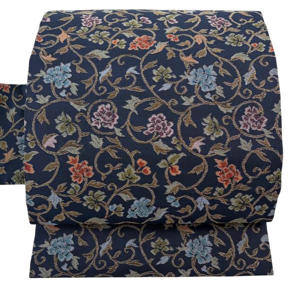名古屋帯 優品 花唐草 箔 紺色 正絹 中古
