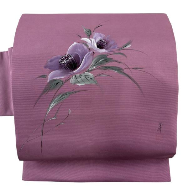 名古屋帯 優品 草花 赤紫 正絹 中古