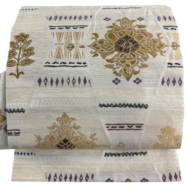 名古屋帯 優品 華文 幾何学 箔 ベージュ 正絹 中古