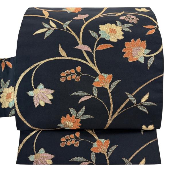 名古屋帯 優品 花唐草 箔 黒 正絹 中古