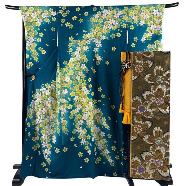 振袖 身丈167.5cm 裄丈69cm L 袷 袋帯フルセット 桜 花びら 金彩 金糸 青緑 正絹 名品 中古